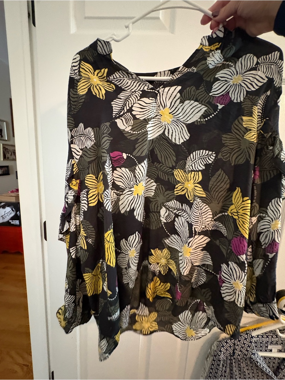 Chico's Black Floral Scoop-Neck Tunic with Yellow, White & Purple Accents